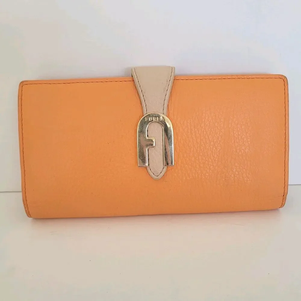 Furla Sofia Grainy Leather Wallet Large Italian Bifold Large Orange Long Design